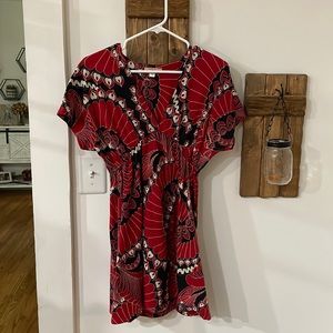 Red/white/black patterned dress. From a boutique in Athens, Ga.